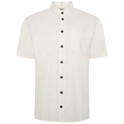 MEN'S FRENCH LINEN SHORT SLEEVE GRANDAD COLLAR SHIRT